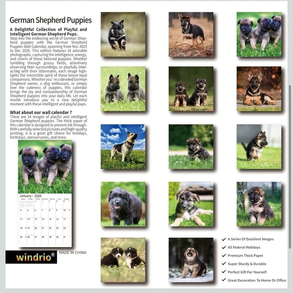 New 2026 Wall Calendar German Shepherd Puppies Nov 2025–Dec 2026, 12
